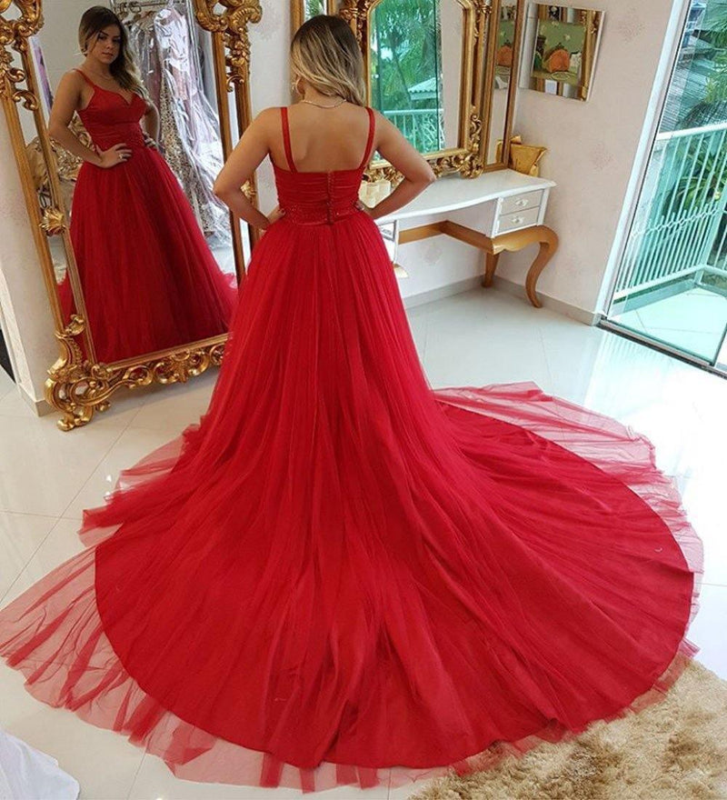Red Spaghettis Traps Deep V-neck Tulle Backless Prom/Formal Dress PG920 - Pgmdress