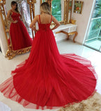 Red Spaghettis Traps Deep V-neck Tulle Backless Prom/Formal Dress PG920 - Pgmdress