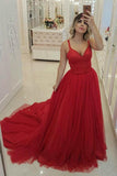 Red Spaghettis Traps Deep V-neck Tulle Backless Prom/Formal Dress PG920