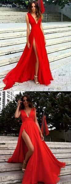Red Split Deep V Neck Chiffon Sexy V Back Prom Dress Evening Dress PG733 - Pgmdress