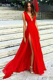 Red Split Deep V Neck Chiffon Sexy V Back Prom Dress Evening Dress  PG733