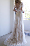 Romantic A-line White Lace Long Wedding Dress with Open Back WD111 - Pgmdress