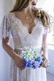 Romantic A-line White Lace Long Wedding Dress with Open Back WD111 - Pgmdress