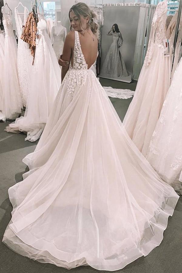 Romantic Deep V Neckline Foral Appliqued Bridal Gown Wedding Dress WD460 - Pgmdress
