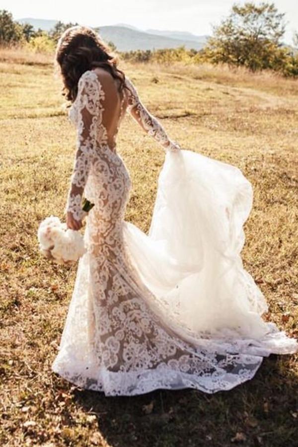 Boho Style Long Sleeve V-neck Long A-line Lace Chiffon Wedding Dresses, WD0096