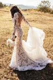 Romantische lange Brautkleider mit rückenfreier Spitze, Meerjungfrau und Elfenbein, Applikationen WD140