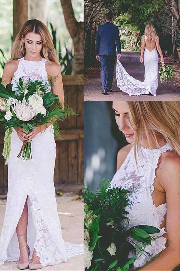 Romantic Sexy Front Split Open Back Sleeveless Lace Wedding Dresses with Train WD269 - Pgmdress