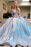 Romantic Sky Blue Ball Gown Prom Gown Sparkly V Neck Party Dress PSK184