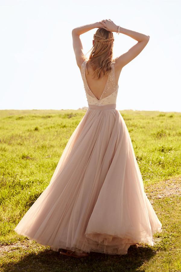 Romantic V Neck Blush Pink Lace Wedding Dresses Detachable Skirt Bridal Dresses WD088 - Pgmdress