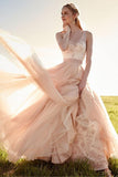 Romantic V Neck Blush Pink Lace Wedding Dresses Detachable Skirt Bridal Dresses WD088 - Pgmdress