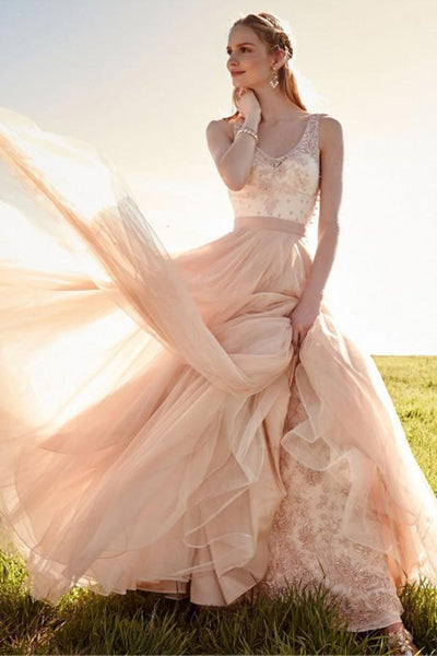Romantic V Neck Detachable Skirt Blush Pink Lace Wedding Dress WD088 US16 / Blush Romantic V Neck Detachable Skirt Blush Pink Lace Wedding Dress WD088 US16 / Blush