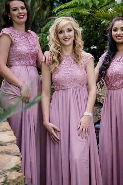 Round Neck Cap Sleeves Chiffon Bridesmaid Dress with Lace US8 / Custom Color