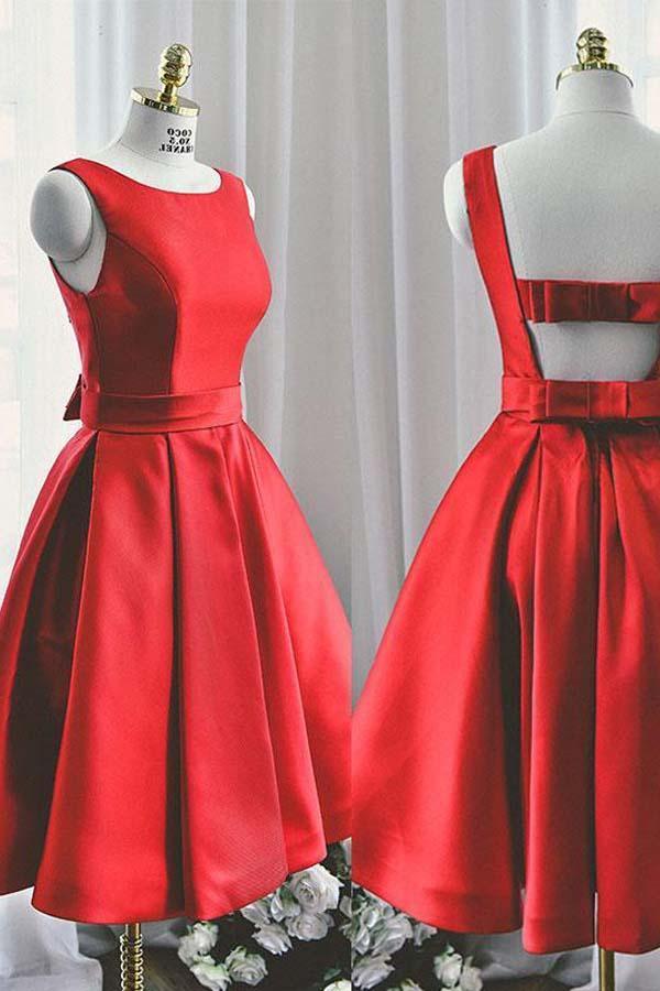 Round Neck Cute Red A line Satin Short Prom Dress Homecoming Dress PD129 - Pgmdress