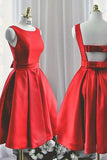 Round Neck Cute Red A line Satin Short Prom Dress Homecoming Dress  PD129