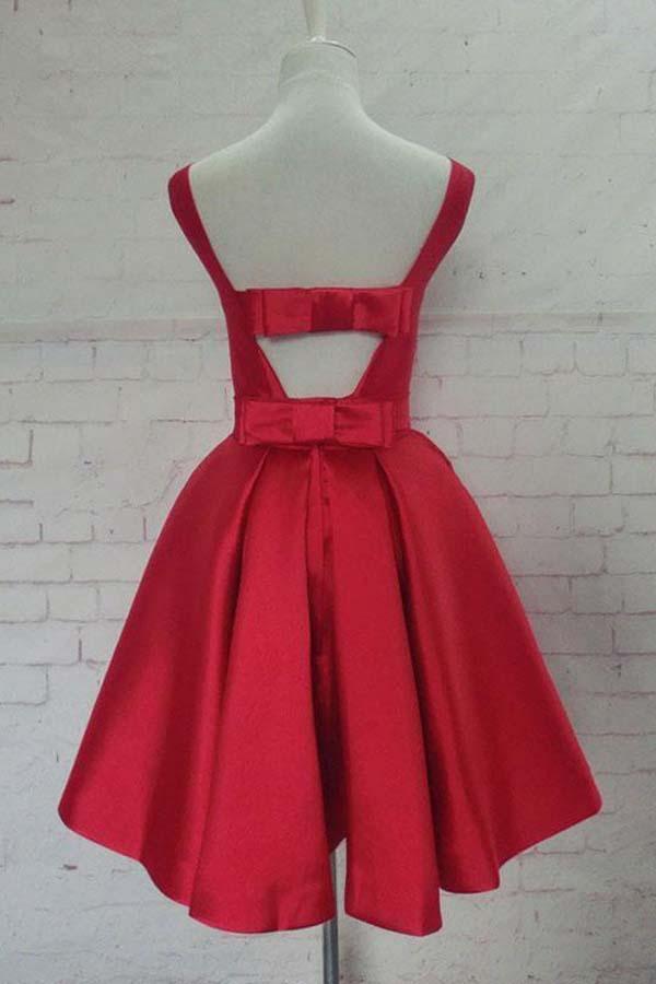 Round Neck Cute Red A line Satin Short Prom Dress Homecoming Dress PD129 - Pgmdress