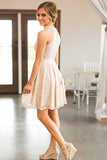 Round Neck Short Pearl Pink Lace Homecoming Party Dress with Pearls PD078 - Pgmdress