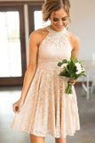Round Neck Short Pearl Pink Lace Homecoming Party Dress with Pearls PD078