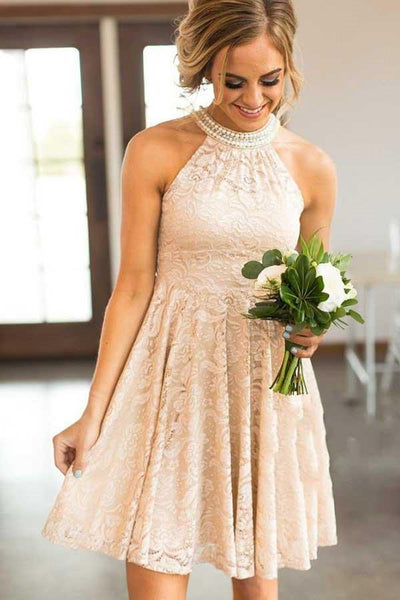Round Neck Short Pearl Pink Lace Homecoming Party Dress with Pearls US0 / Custom Color Round Neck Short Pearl Pink Lace Homecoming Party Dress with Pearls US0 / Custom Color