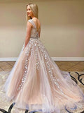 Round Neck Tulle Open Back Long Prom Dress With Lace Applique PSK115 - Pgmdress