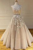 Round Neck Tulle Open Back Long Prom Dress With Lace Applique PSK115 - Pgmdress