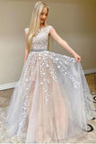 Round Neck Tulle Open Back Long Prom Dress With Lace Applique PSK115