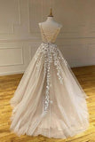 Round Neck Tulle Open Back Long Prom Dress With Lace Applique PSK115 - Pgmdress