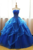 Royal Blue Ball Gown Organza Lace Applique Prom Dresses PG714