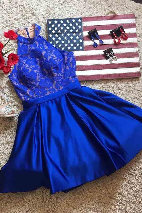 Royal Blue Halter Satin Short Prom Dresses Homecoming Dresses  PD161 - Pgmdress