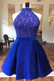 Royal Blue Halter Satin Short Prom Dresses Homecoming Dresses  PD161 - Pgmdress
