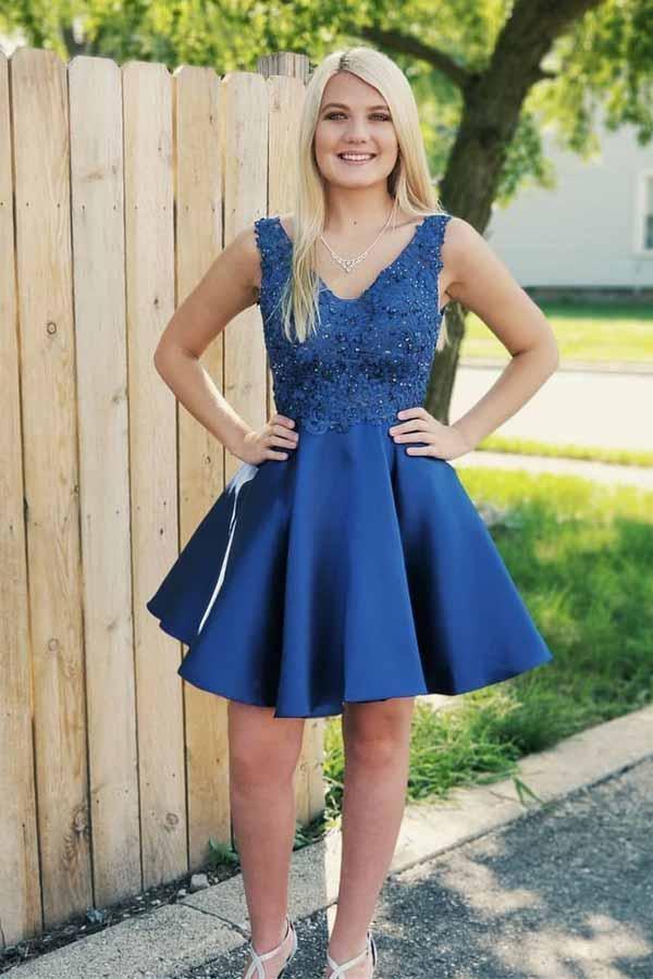 Royal Blue Lace Applique Homecoming Dresses Backless Short Prom Dress PD231 - Pgmdress