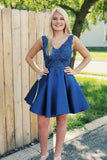 Royal Blue Lace Applique Homecoming Dresses Backless Short Prom Dress PD231 - Pgmdress