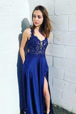 Royal Blue Lace Satin Prom Dresses Side Split Evening Dresses PG820