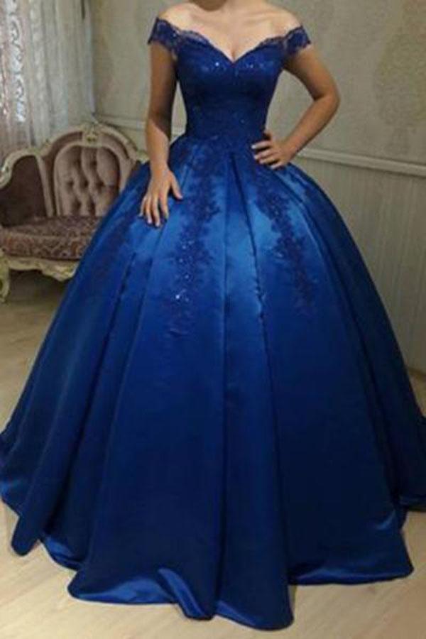 Royal Blue Off Shoulder Lace A line Long Evening Prom Dresses PG577 - Pgmdress