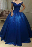 Royal Blue Off Shoulder Lace A line Long Evening Prom Dresses  PG577