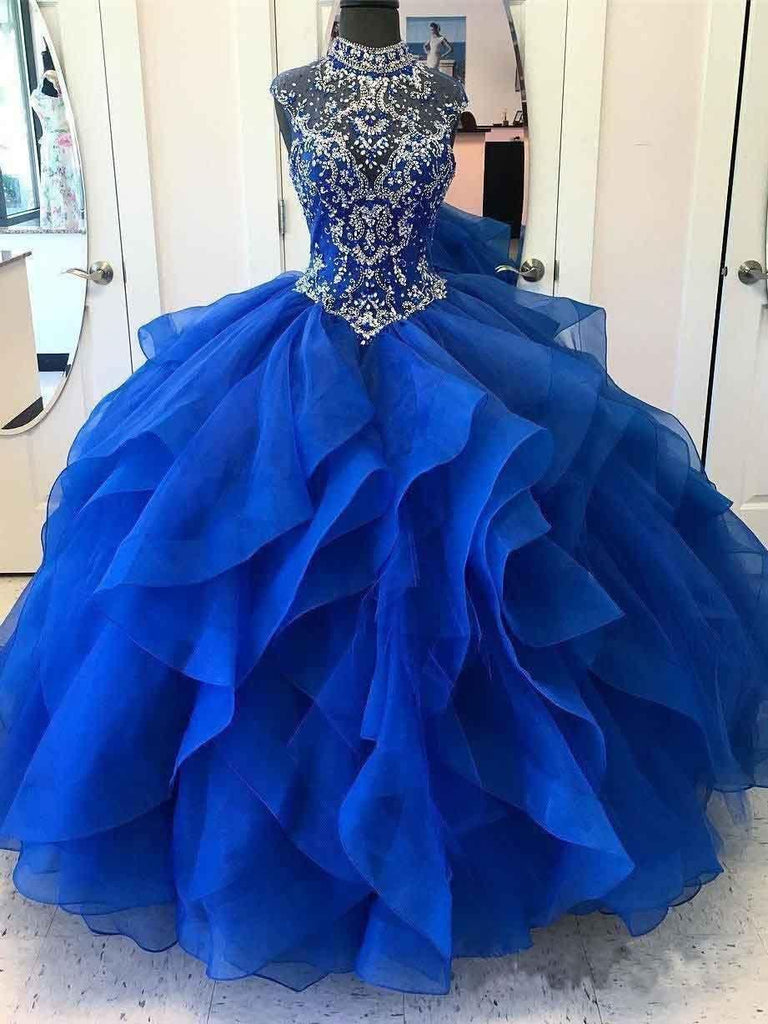 Royal Blue Organza High Neck Quinceanera Dresses Prom Dress PG726 - Pgmdress
