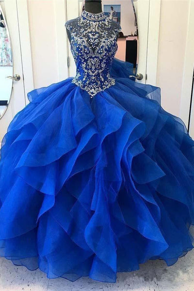 Royal Blue Organza High Neck Quinceanera Dresses Prom Dress – Pgmdress