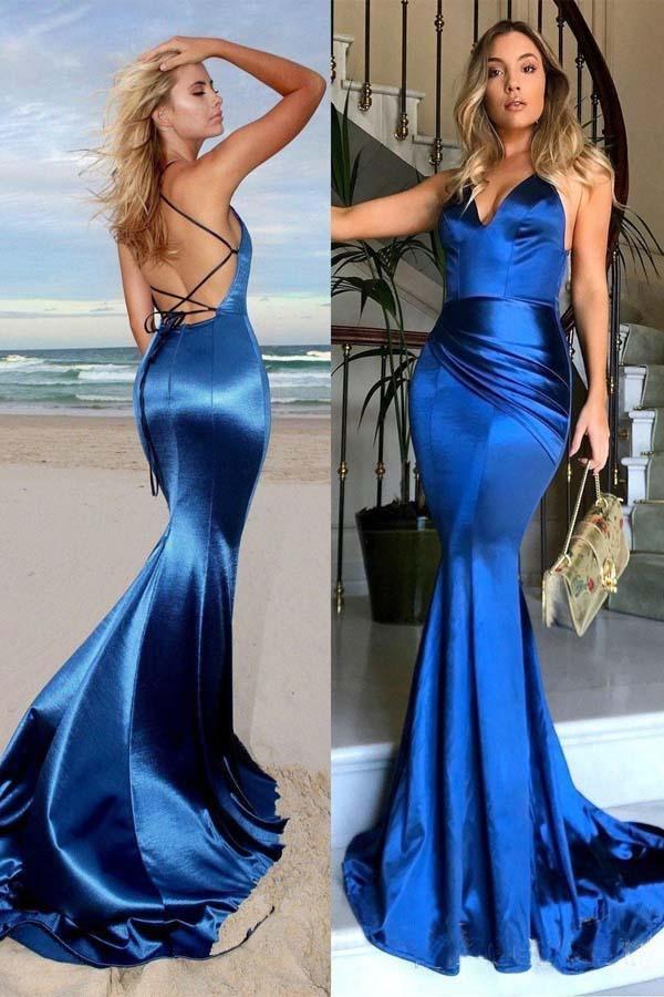 Royal Blue Satin Backless Long Mermaid Prom/Formal Dresses PG769 - Pgmdress