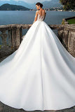 Satin Bateau Neckline A-Line Wedding Dresses With Lace Appliques WD192 - Pgmdress
