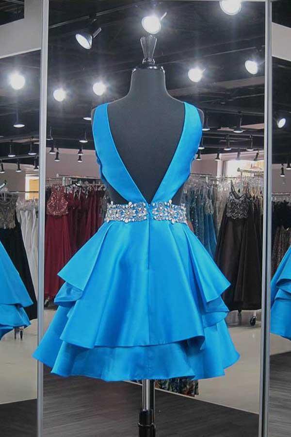 Satin Blue V-Neck Short Homecoming Dresses with Beadings PD042 - Pgmdress
