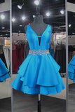 Satin Blue V-Neck Short Homecoming Dresses with Beadings PD042