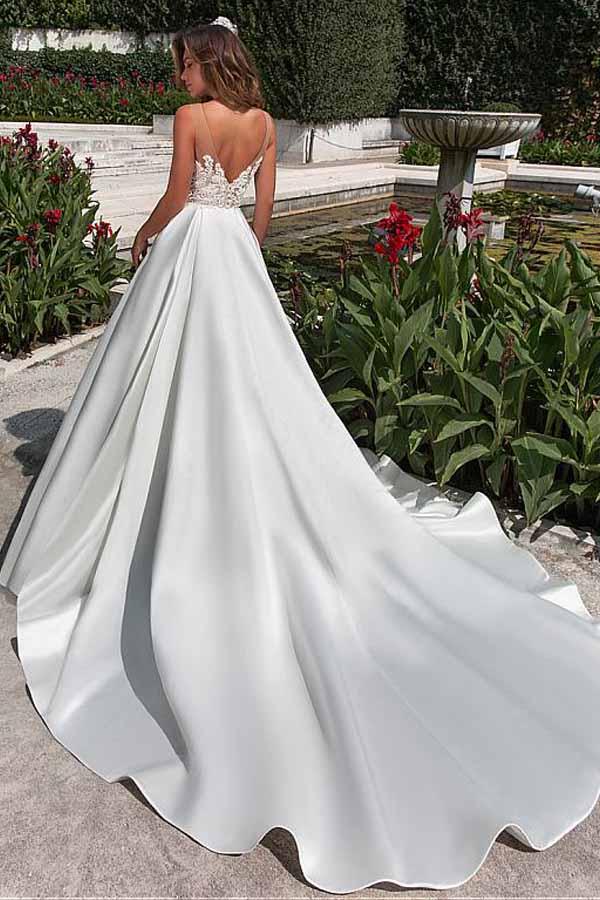 Satin Neckline A-line Wedding Dress With Pockets Lace Appliques WD217 - Pgmdress