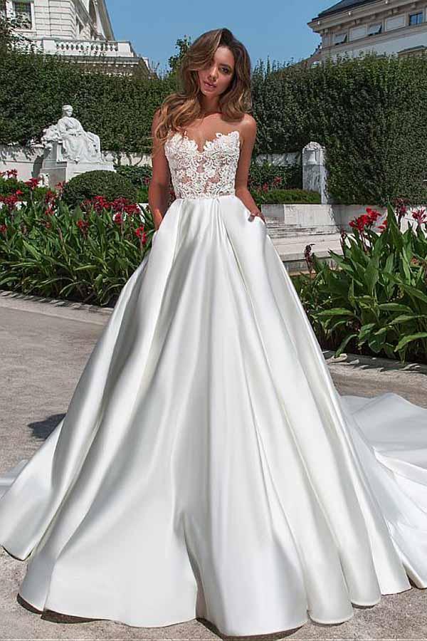 Satin Neckline A-line Wedding Dress With Pockets Lace Appliques WD217 - Pgmdress