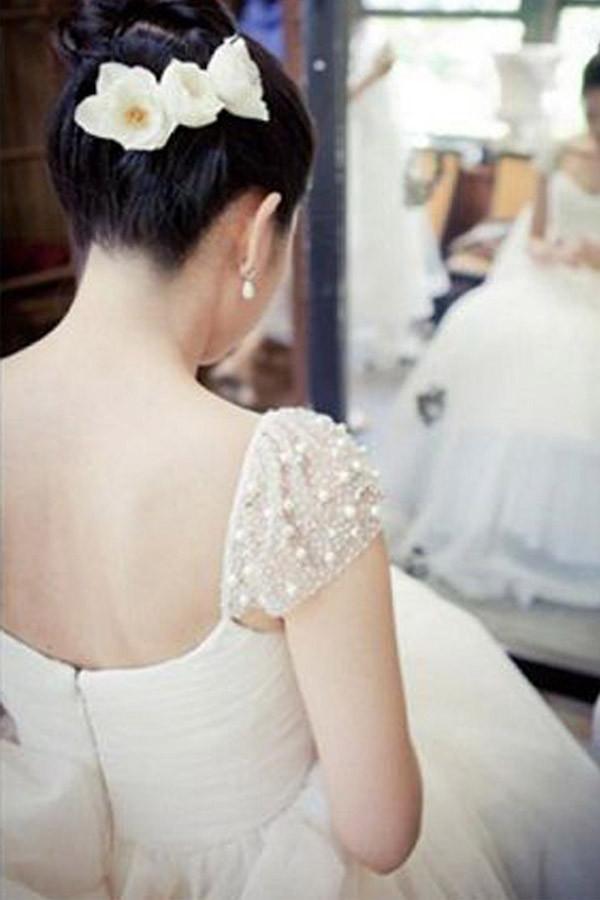 Scoop Cap Sleeves Sweep Train Beading Pleated Wedding Dress with Beading WD106 - Pgmdress