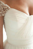Scoop Cap Sleeves Sweep Train Beading Pleated Wedding Dress with Beading WD106 - Pgmdress