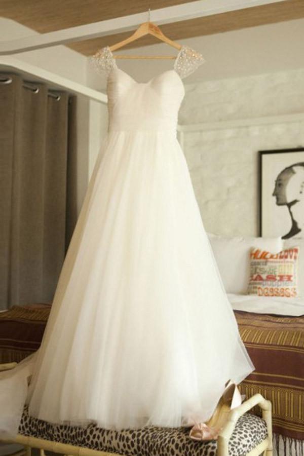 Scoop Cap Sleeves Sweep Train Beading Pleated Wedding Dress with Beading WD106 - Pgmdress