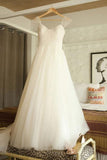 Scoop Cap Sleeves Sweep Train Beading Pleated Wedding Dress with Beading WD106