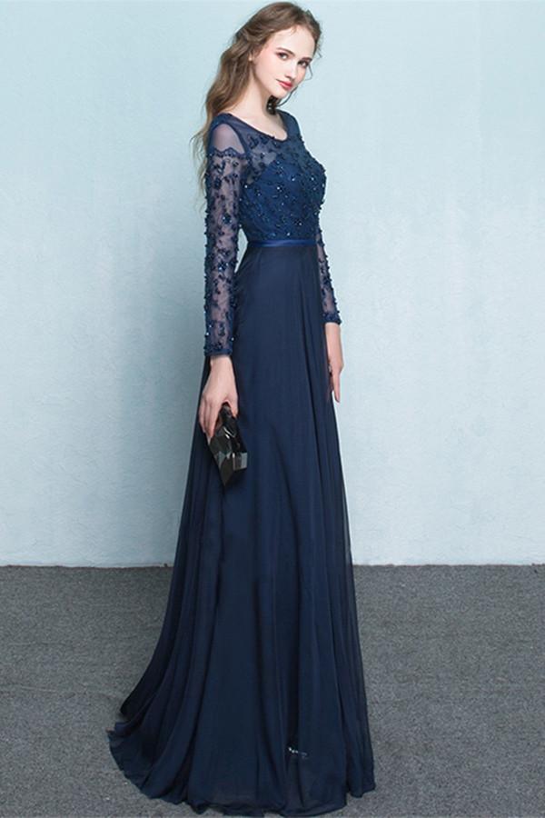 Scoop Chiffon Neck Long Sleeves Beading Evening Dress Prom Dress PG322 - Pgmdress