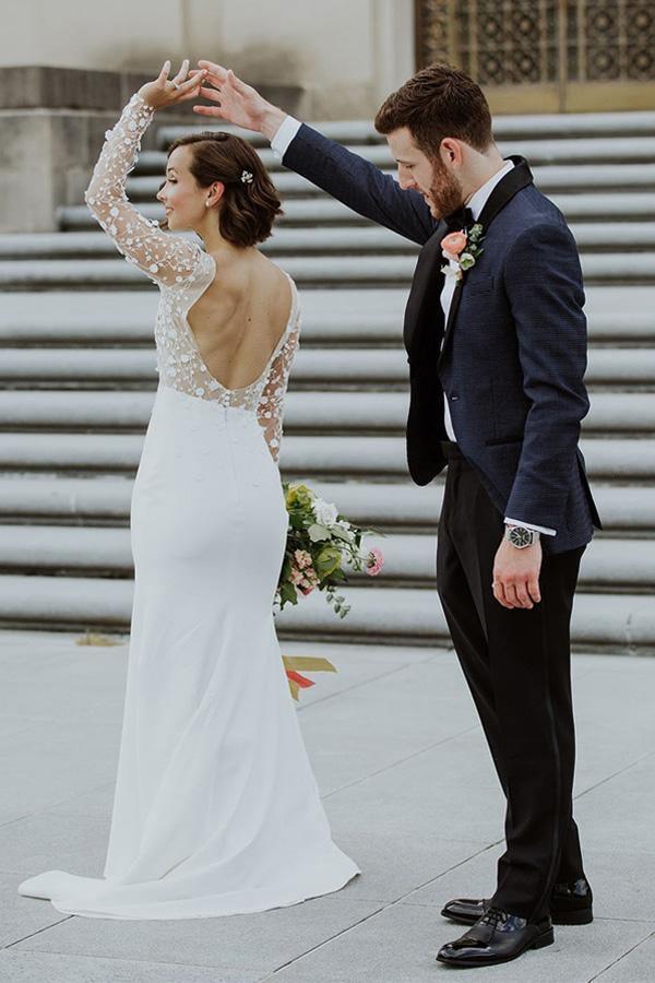 Scoop Neck Open Back Lace Long Sleeves Wedding Dresses with Split WD473 - Pgmdress