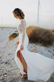 Scoop Neck Open Back Lace Long Sleeves Wedding Dresses with Split WD473 - Pgmdress