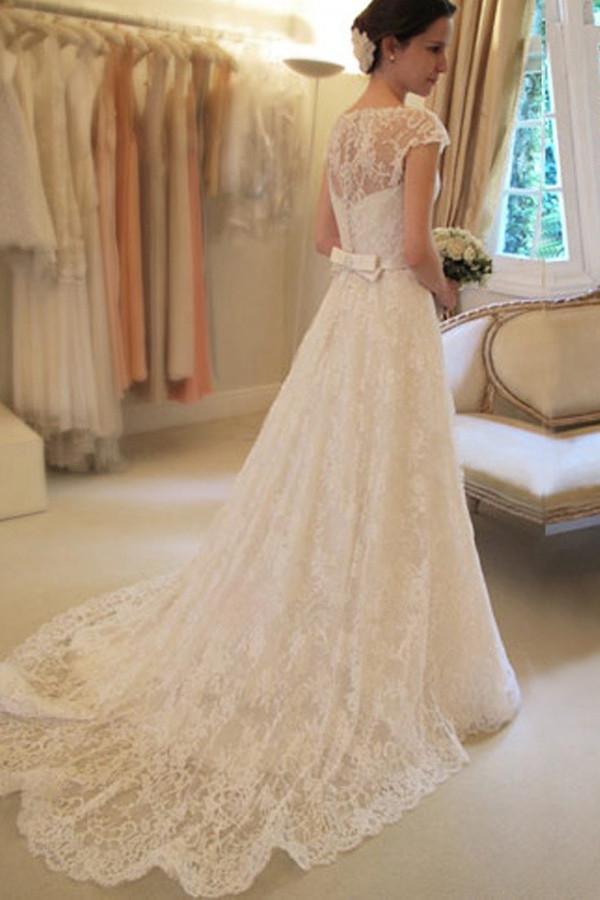 Scoop Neck Short Sleeve A-Line Lace Wedding Dress WD043 - Pgmdress
